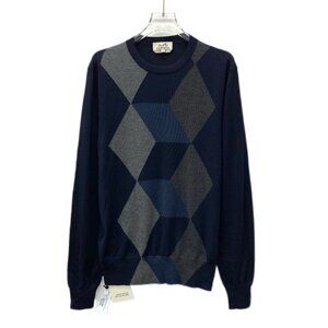 CM0279 Hermes Colorblock Diamond Pattern Cashmere Long Sleeve Sweater Size S